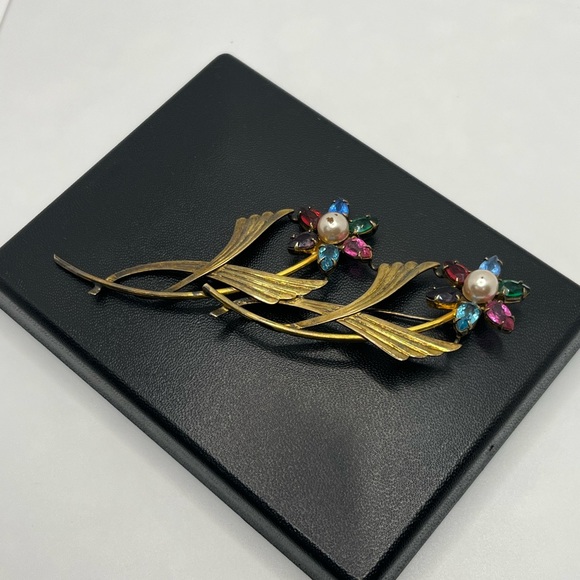 Flower SYMMETALIC rhinestone Vintage STERLING Silver 14KT Gold Brooch Pin - Picture 6 of 16